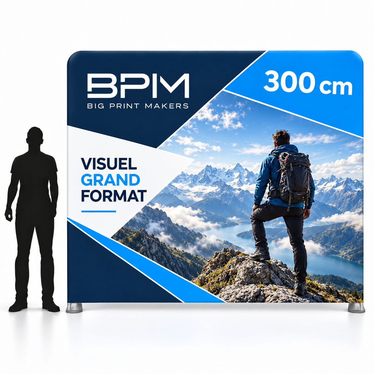 Photocall textile BPM avec un paysage de montagne, la mention 300 cm et une silhouette de comparaison.