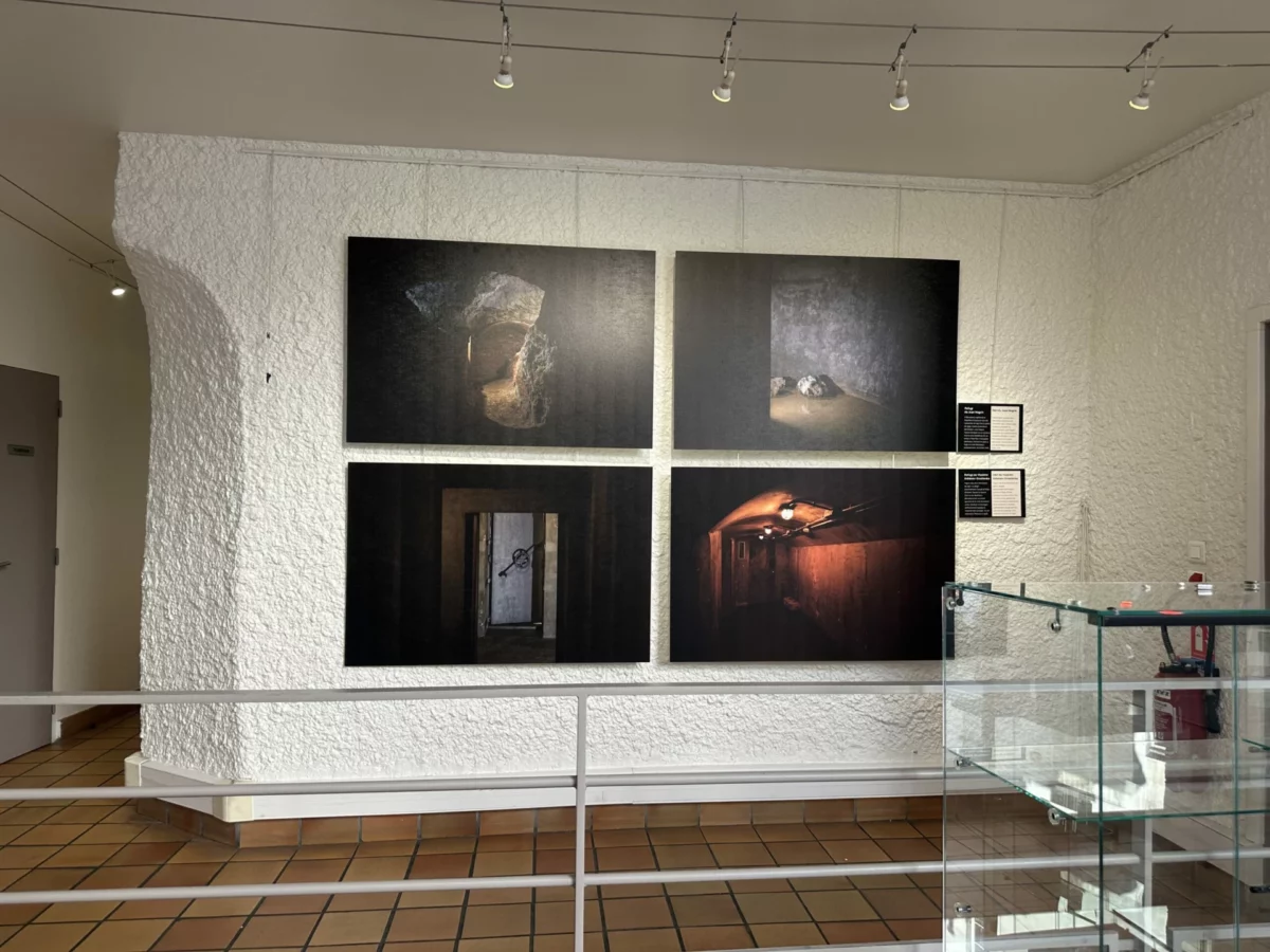 Ensemble de six panneaux photographiques installés sur un mur blanc de l’exposition.