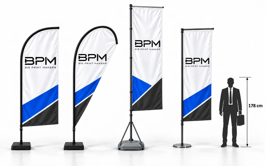 Drapeaux publicitaires BPM de différentes formes avec repère de taille