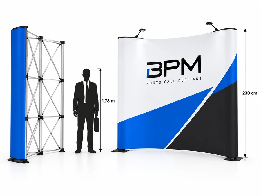 Stand parapluie BPM de 230 cm avec personnage de 1,78 m comme repère de taille